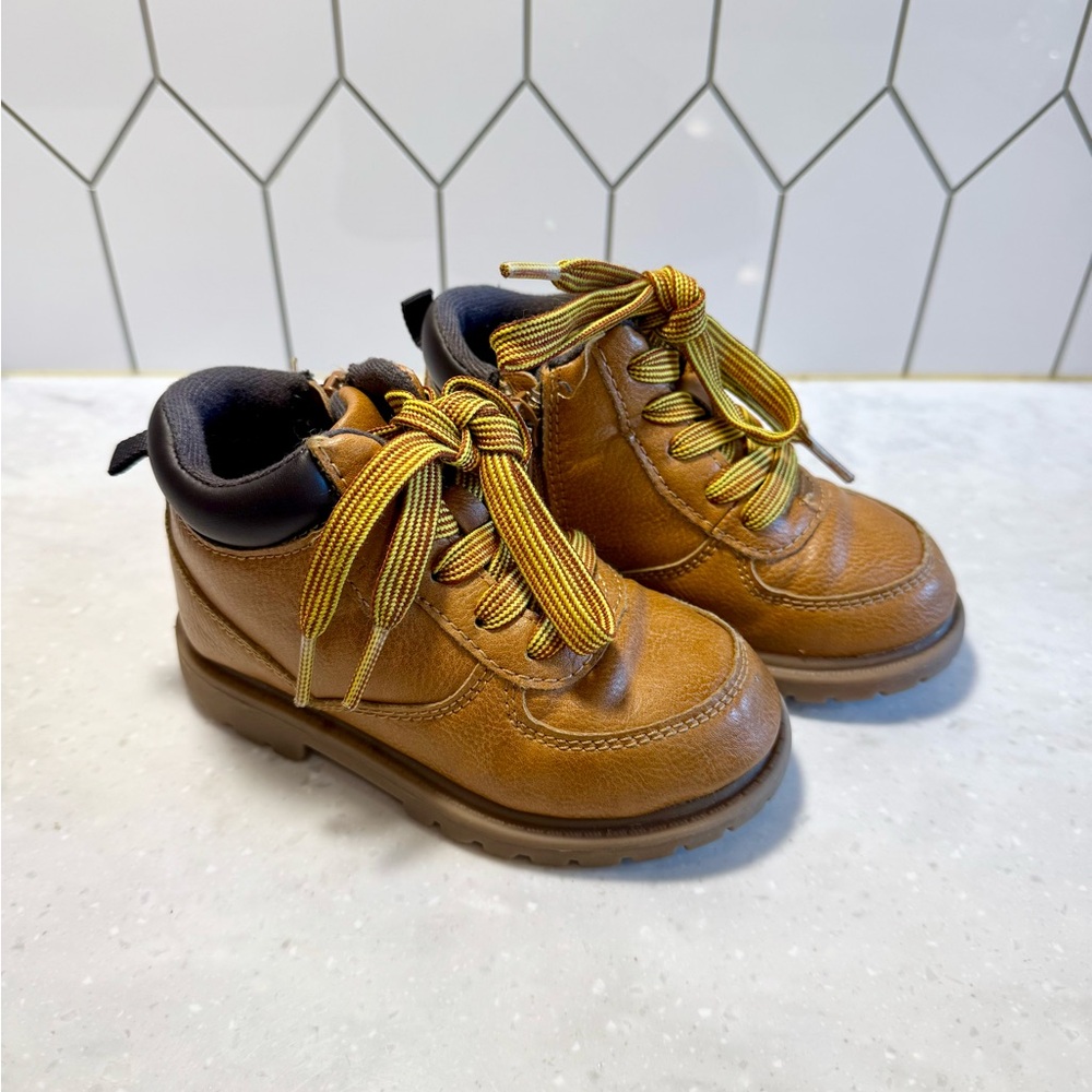 Brown Leather Kids Boots with Yellow Laces